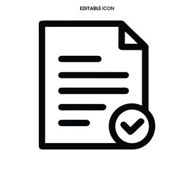 A simple black and white illustration of a document with checkmark inside a circle icon