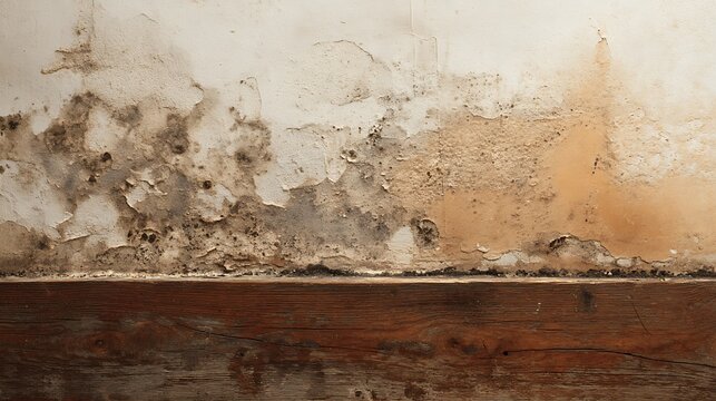 Close-up of wall damage from moisture, showing peeling paint and discoloration with wood floor