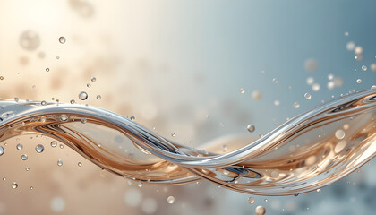 Elegant Fluid Wave of Clear Liquid with Golden and Blue Reflections and Dynamic Droplets