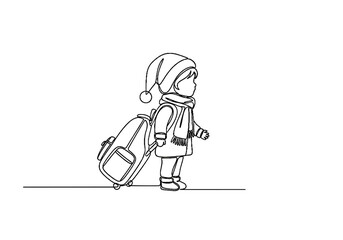 Child wearing winter clothes pulling suitcase while traveling  