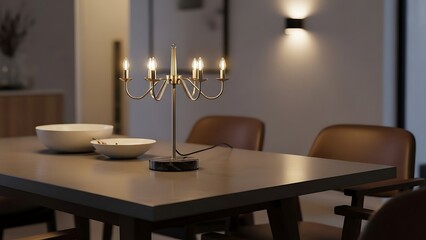 A stylish modern candelabra table lamp illuminating a dining table in a contemporary home setting