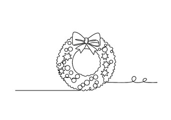 Christmas wreath with bow and ornaments in minimalist line art  