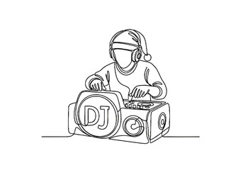 DJ mixing music with turntables in line art style  