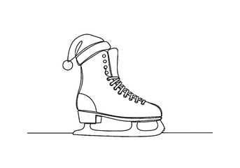 Ice skate wearing Santa hat in minimalist line art style  