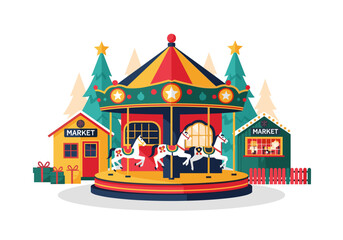 Christmas market carousel with festive decorations and gifts  