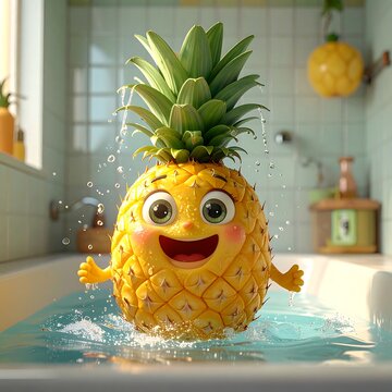Animated pineapple with face in tub, splashed with water. Bright, cartoonish and joyful