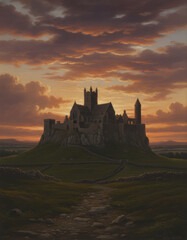 Obraz premium Dramatic sunset over a majestic medieval fortress set atop a grassy hill landscape scene