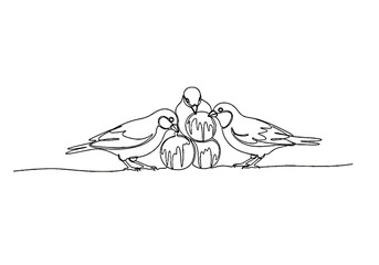 Four birds pecking at frozen fruit in minimalist line art style  