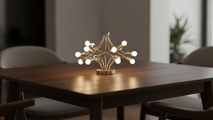 Starburst lamp design illuminates the warm wooden surface of a modern dining table setting
