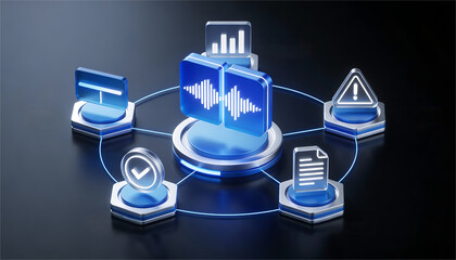 3D digital illustration of a split audio wave icon on a dark background representing deepfake voice detection with connected interface icons for data security alerts and analytics