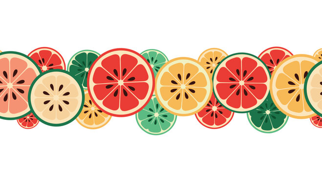 Vibrant seamless horizontal border of colorful citrus fruit slices, including orange, grapefruit, and lime on a white background.