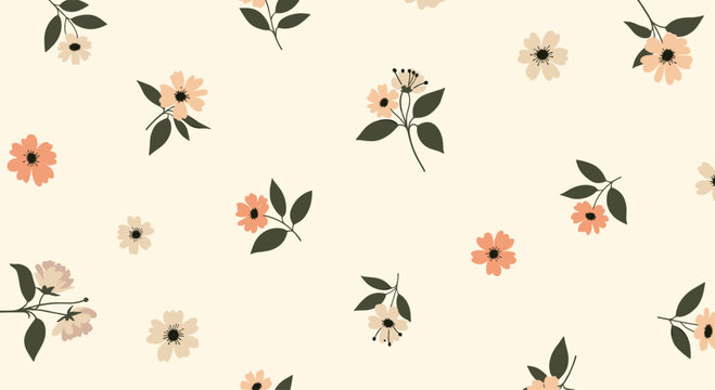 Delicate seamless floral pattern with small, scattered ditsy flowers in soft peach and cream tones on a light beige background.