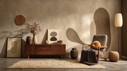 Serene living space with natural textures and earthy tones, creating calm vibes.