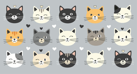 Colorful collection of various cute cartoon cat faces with winking and smiling expressions, surrounded by small white hearts.