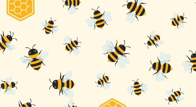 Seamless repeating pattern of cute cartoon bumblebees and honeycomb shapes flying against a light cream-colored background for a sweet design.