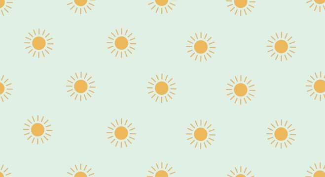Simple seamless pattern of minimalist orange suns with radiating lines on a soft, pale green background, creating a calm and sunny design.