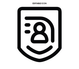 A simple black and white line icon depicting a shield with a person inside it