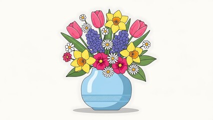 Colorful spring bouquet with tulips, daffodils, and hyacinths in a simple blue vase