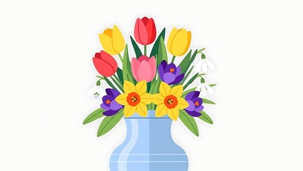 A vibrant arrangement of spring flowers featuring tulips, daffodils, crocus, and snowdrops in a blue vase