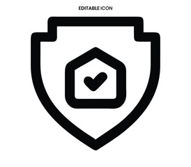 A black outline icon depicting a shield containing a hexagon with a checkmark inside