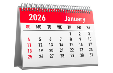 Plakat January 2026, desk calendar starting Sunday. 3D rendering
