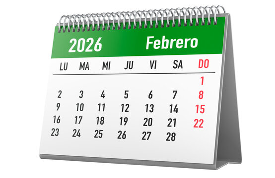 February 2026, desk calendar in Spanish. 3D rendering