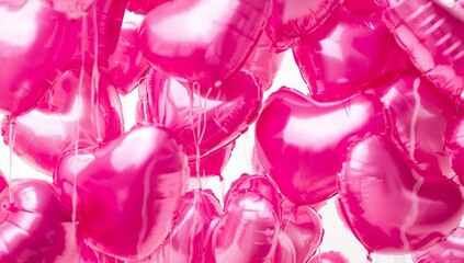 Romantic pink heart-shaped balloons floating on a clean white background with soft light and falling petals, symbolizing love, celebration, Valentine&rsquo;s Day, and joyful romantic moments.