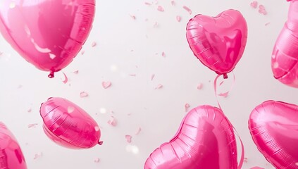 Romantic pink heart-shaped balloons floating on a clean white background with soft light and falling petals, symbolizing love, celebration, Valentine&rsquo;s Day, and joyful romantic moments.