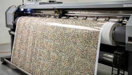 Medium shot of wideformat printer printing intricate patterns on textile rolls emphasizing detailed line work and consistent pattern repetition in digital directtofabric printing.