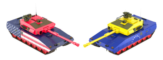 Tanks with USA and Venezuela flags facing each other, military conflict concept. 3D rendering © alexlmx
