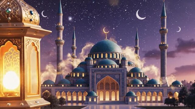 An illuminated grand mosque with multiple domes and minarets at night A golden ornate lantern glows in the foreground under a starry sky with crescent moons
