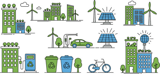 Eco-friendly city infrastructure elements promoting sustainability in a natural urban environment with green buildings and renewable energy sources