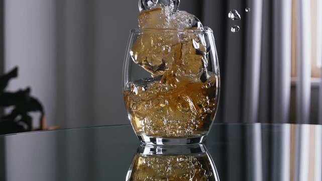 Golden whiskey splash over glass table, mixologist drops ice cube into tumbler in slow-motion, amber liquid erupts with droplets and ripples, glossy reflection on tabletop, modern interior backdrop