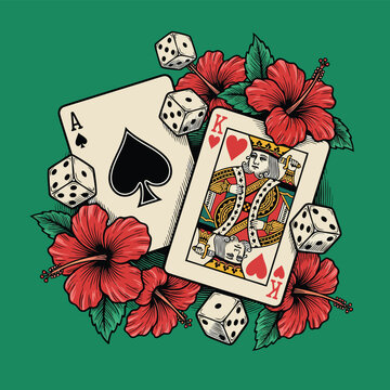 Ace of Spades and King of Hearts playing cards with dice and hibiscus flowers.