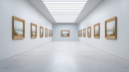 Fototapeta premium Elegant Interior of Modern Art Gallery Featuring Framed Landscape Paintings on White Walls with Bright Natural Lighting and Minimalist Design