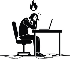 Stressed office worker silhouette sitting at desk with laptop burnout frustration and mental pressure concept isolated vector illustration