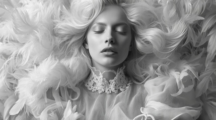 Create a high-fashion black and white portrait photograph featuring a close-up of a person with their eyes closed in a serene, dreamlike pose. Surround the subject with voluminous, wispy white feather