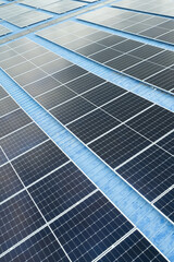 Verticle view of solar panels on a rooftop