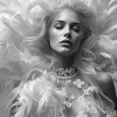 Create a high-fashion black and white portrait photograph featuring a close-up of a person with their eyes closed in a serene, dreamlike pose. Surround the subject with voluminous, wispy white feather