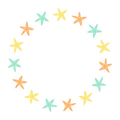 Round vector frame made of cute multicolored sea starfish. Star frame design. Vector illustration. Decorative summer template.