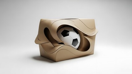Conceptual Football Delivery: 3D Soccer Ball Peeking Out of an Abstract, Beige Cardboard Packaging Box with Modern Flowing Design.