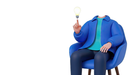3D Character Sitting with Light Bulb Above Finger