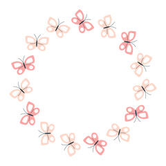 Round vector frame made of cute pink butterflies. Butterfly frame design. Vector illustration. Decorative animal template