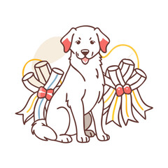 Obraz premium A happy black dog with bows is sitting 