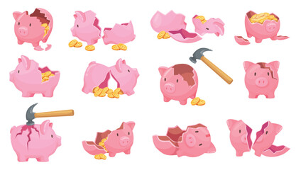 Broken piggy bank. Hammer break pig moneybox smash, open piglet bank money savings piggybank coins economy cash safe business debt finance, cartoon set neat vector illustration