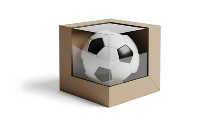 Premium Soccer Ball Displayed in Cardboard Packaging Box with Transparent Window, Isolated 3D Render for Sports Merchandise, Retail, and Delivery Concepts.