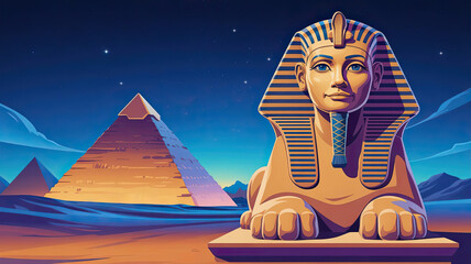 The egyptian sphinx statue in the desert at night with starry sky  in front of a pyramid