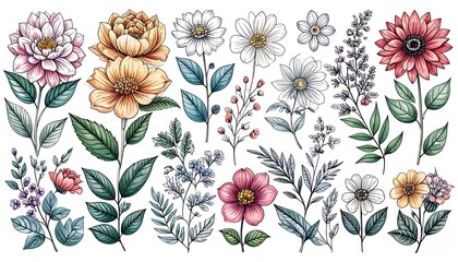 Botanical floral art Assorted flowers, leaves, & stems in pastel hues