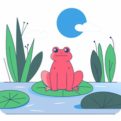 Fototapeta premium A red frog sitting on a green lilypad in calm water