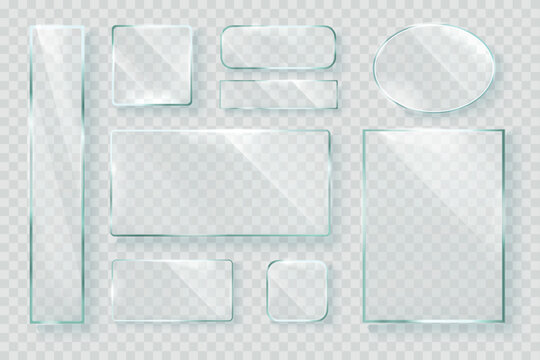 Realistic glass frames. 3d transparent glasses frame square circle shape, clear window or screen glow light shine effect crystal plaque plate oval button, exact vector illustration